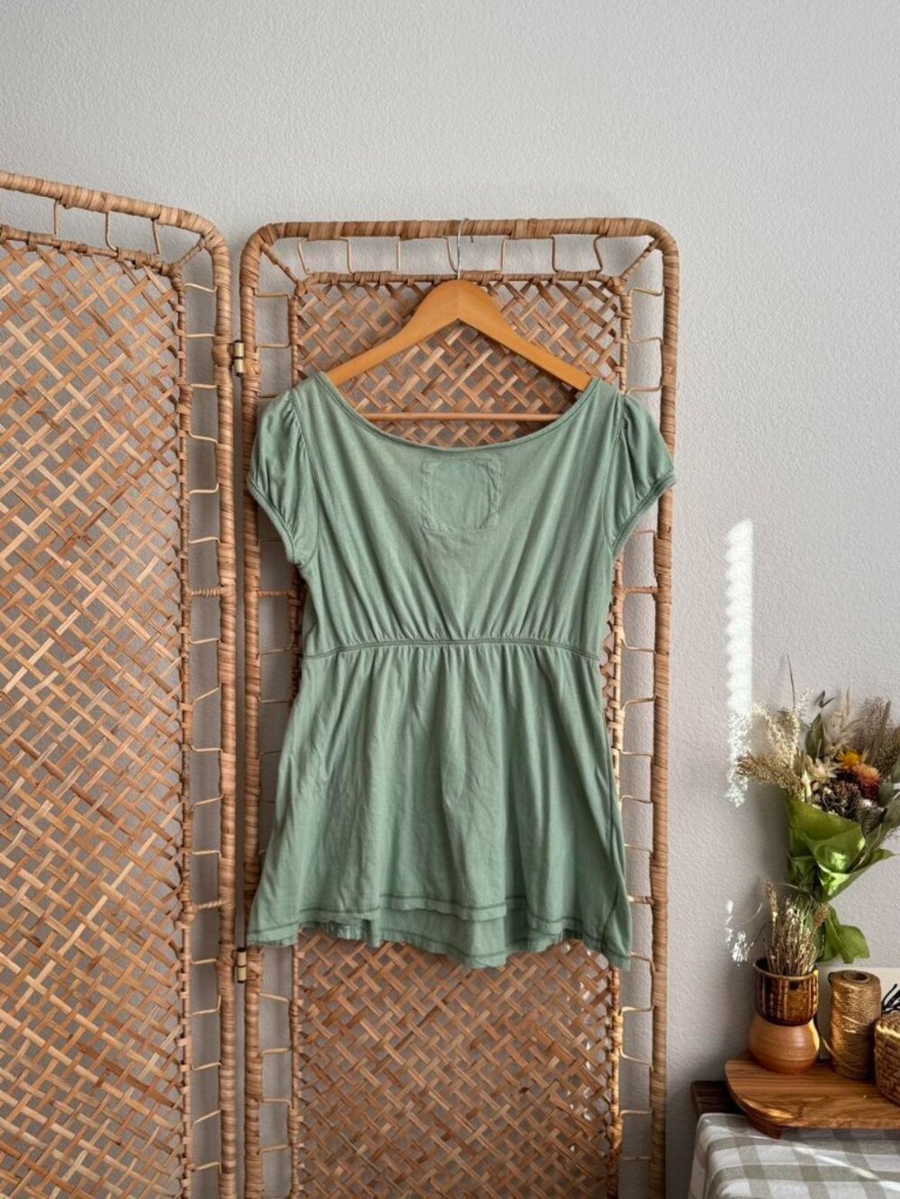 RARE Vintage Y2K Abercrombie & Fitch Milkmaid Babydoll Top in Sage Green - Large - Picture 2 of 8